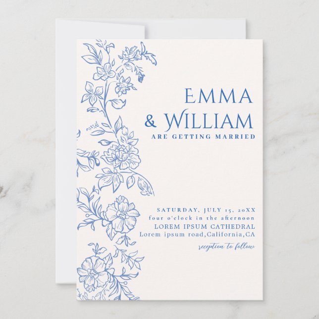Convites Casamento botânico romântico floral azul marinho (Frente)