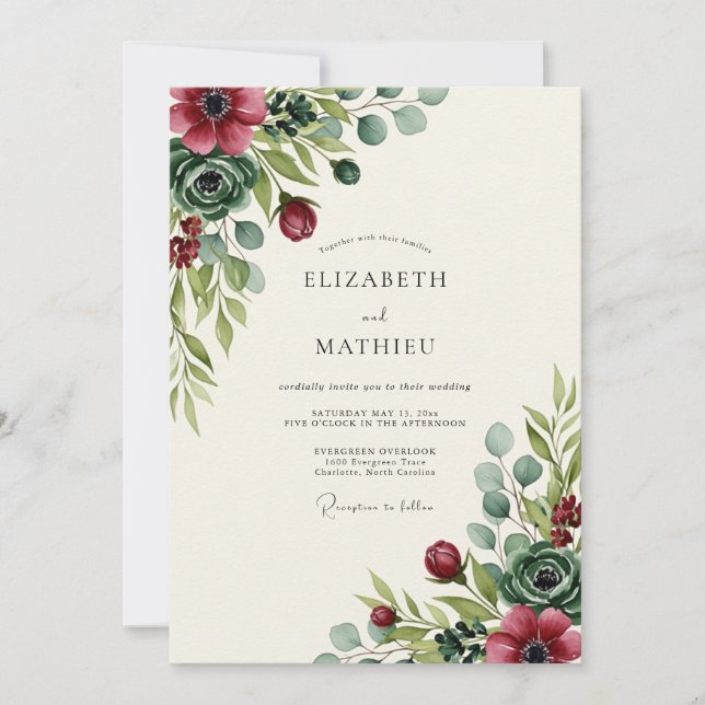 Convites Casamento Botânico Romântico Floral Borgonha (Frente)