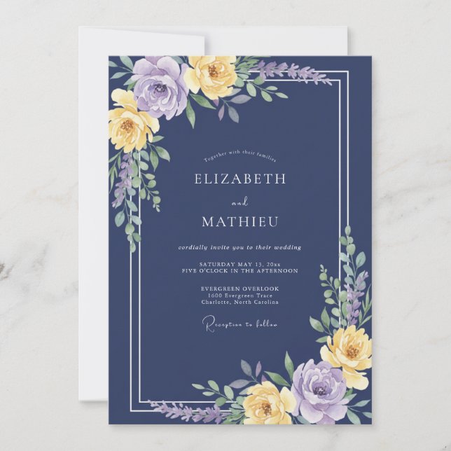 Convites Casamento Botânico Romântico Floral Marinho (Frente)