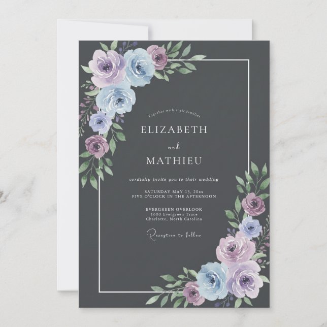 Convites Casamento Botânico Romântico Lavanda Azul (Frente)
