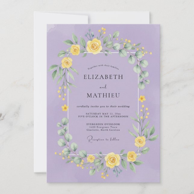 Convites Casamento Botânico Romântico Lilás Amarelo (Frente)