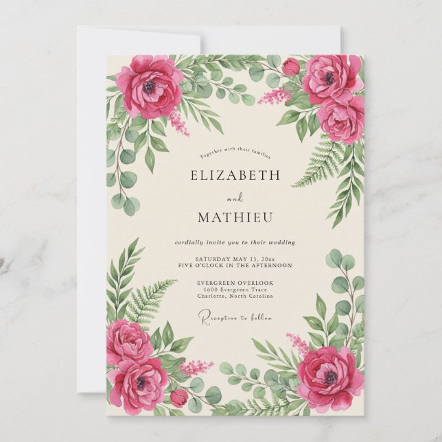 Convites Casamento Botânico Romântico Magenta (Frente)