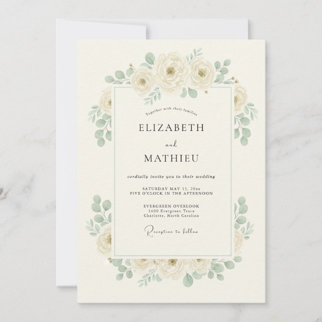 Convites Casamento Botânico Romântico Marfim (Frente)