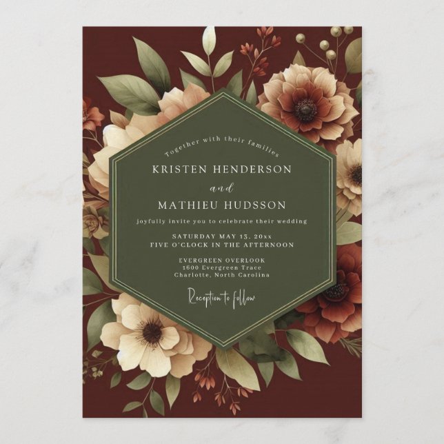 Convites Casamento Botânico Romântico Marrom (Frente)
