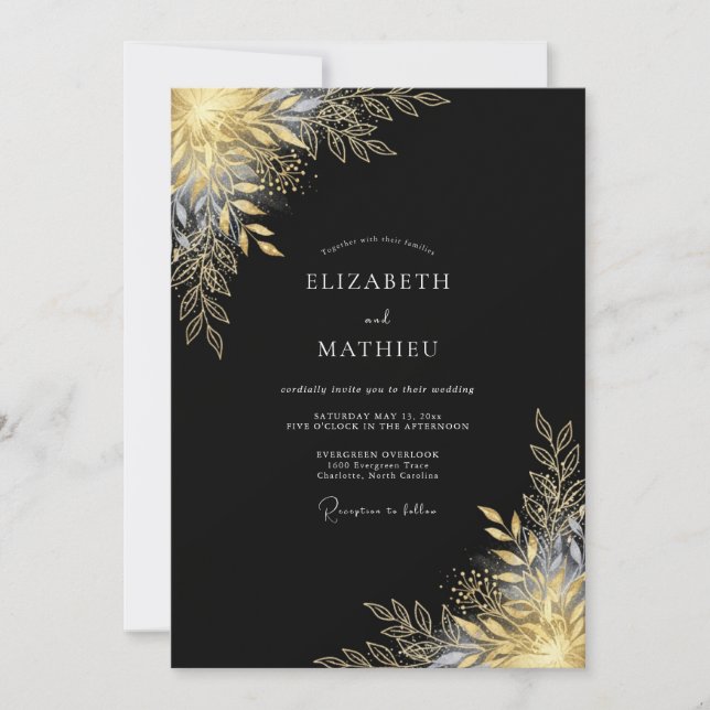 Convites Casamento Botânico Romântico Metálico Dourado (Frente)