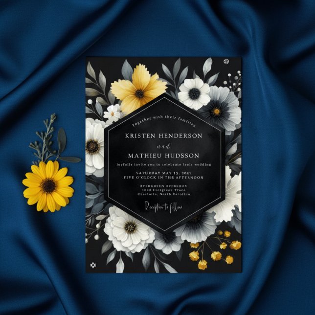 Convites Casamento Botânico Romântico Preto e Amarelo (Criador carregado)