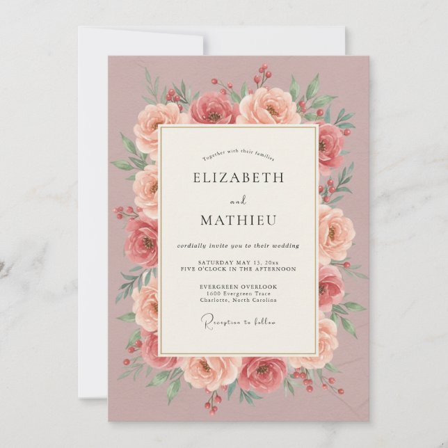 Convites Casamento Botânico Romântico Rosa (Frente)
