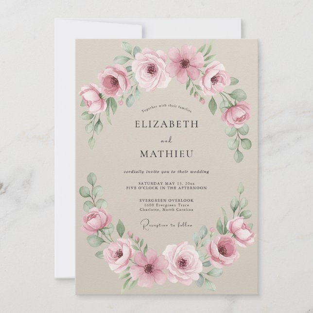 Convites Casamento Botânico Romântico Rosa Bege (Frente)
