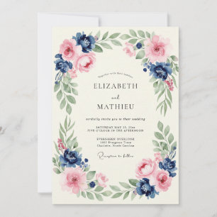 Convites Casamento Botânico Romântico Rosa-Navy