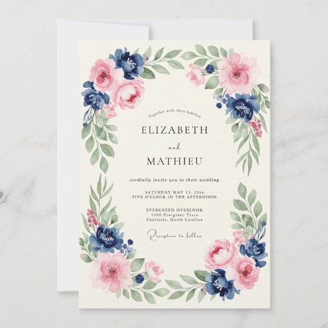 Convites Casamento Botânico Romântico Rosa-Navy (Frente)