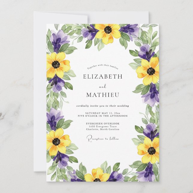 Convites Casamento Botânico Romântico Roxo Amarelo (Frente)