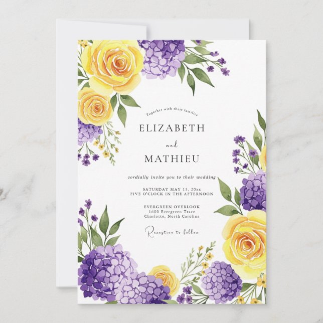 Convites Casamento Botânico Romântico Roxo Amarelo (Frente)