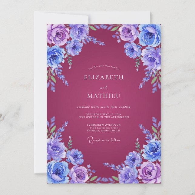 Convites Casamento Botânico Romântico Roxo Lavanda (Frente)