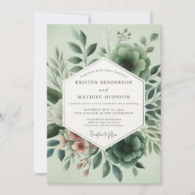Convites Casamento Botânico Romântico Sage (Frente)