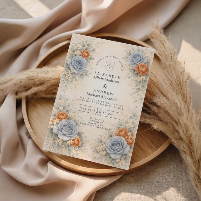 Convites Casamento Botânico Rosa Azul (Criador carregado)