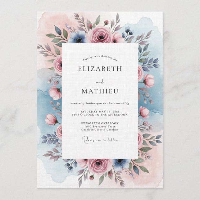 Convites Casamento Botânico Rosa Azul Empoeirado (Frente)