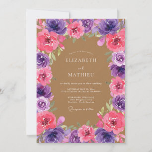 Convites Casamento Botânico Rosa Bege Roxo