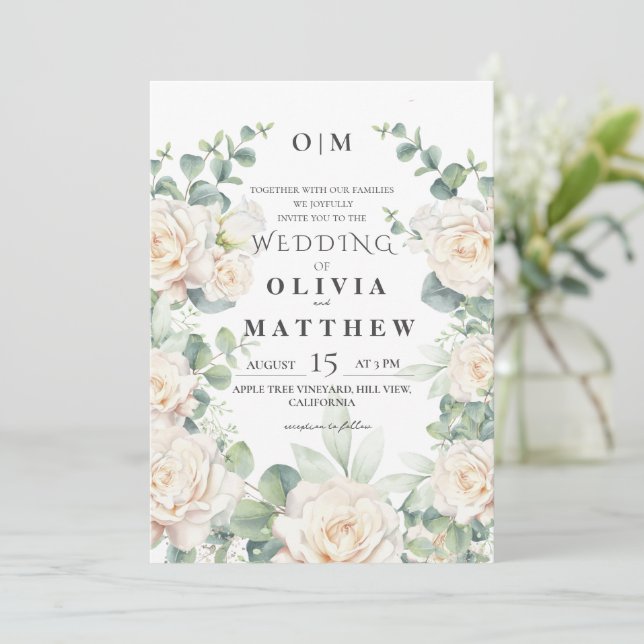 Convites Casamento Botânico Rosa Branca (Em pé/Frente)