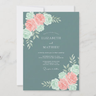 Convites Casamento Botânico Rosa Coral Verde