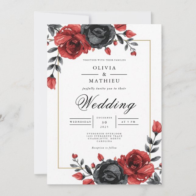Convites Casamento Botânico Rosa Crimson Profundo (Frente)