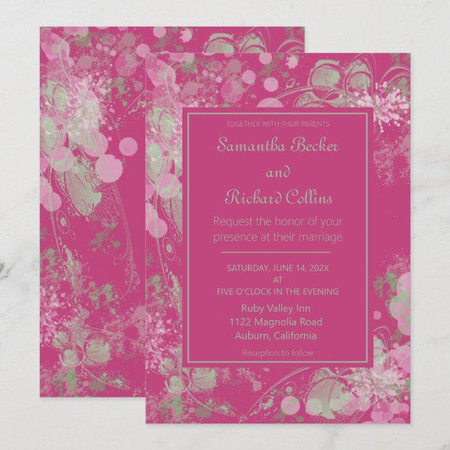 Convites Casamento Botânico Rosa e Verde em Aquarela (Frente/Verso)