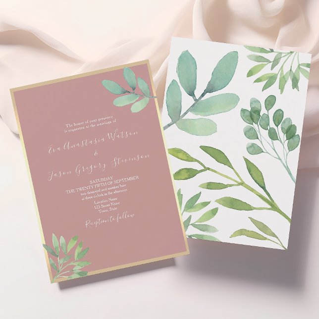 Convites Casamento Botânico Rosa Empoeirado e Vegetação (Criador carregado)