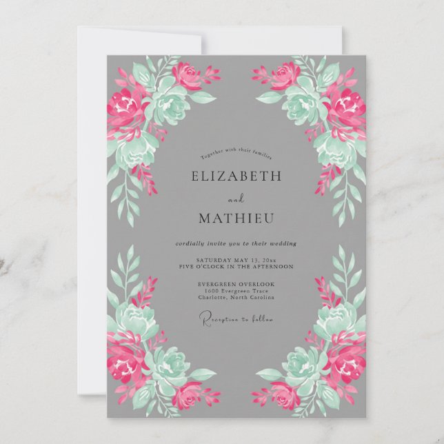 Convites Casamento Botânico Rosa Menta (Frente)