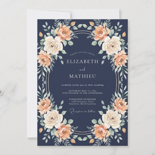 Convites Casamento Botânico Rosa Peachy Marinho (Frente)