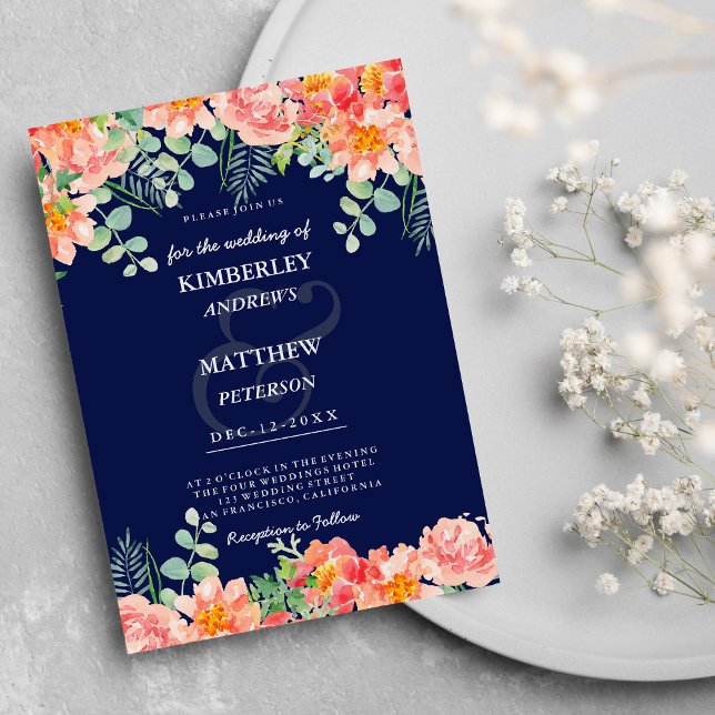 Convites Casamento botânico rosa-rosa-marinho-d'água (Watercolor navy blue coral pink botanical Wedding )