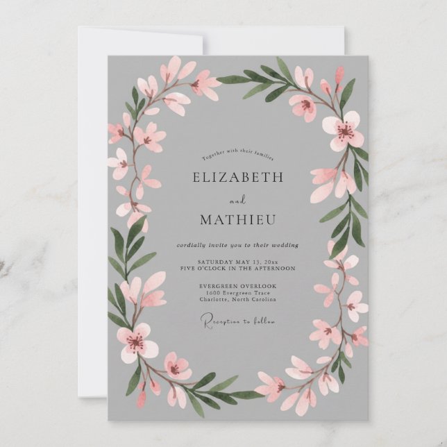 Convites Casamento Botânico Rosa Suave Cinza (Frente)