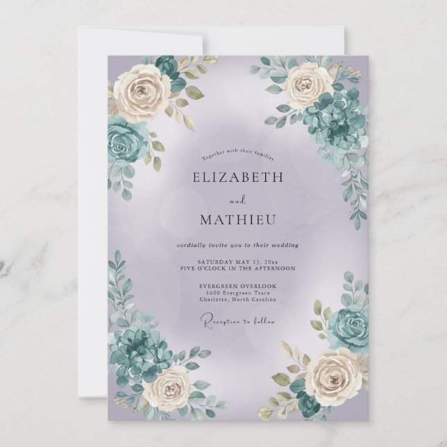 Convites Casamento Botânico Rosa Teal (Frente)