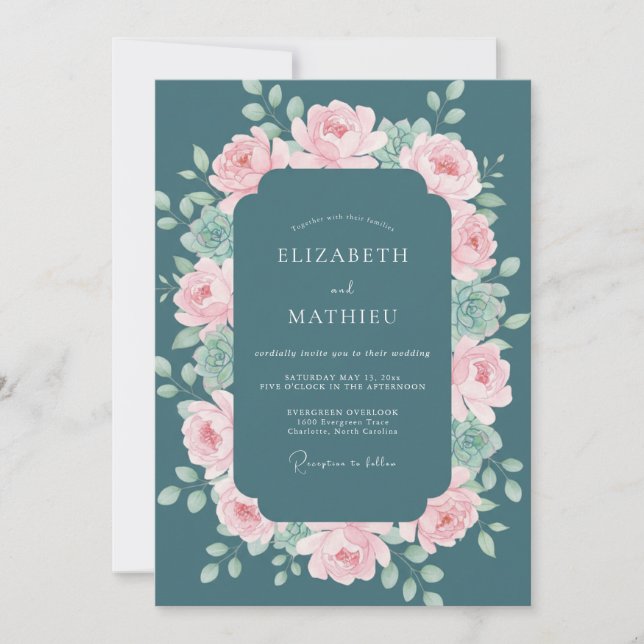 Convites Casamento Botânico Rosa Teal Profundo (Frente)