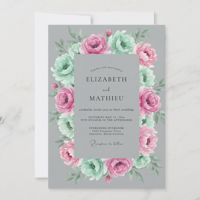 Convites Casamento Botânico Rosa Verde-Menta Cinza (Frente)
