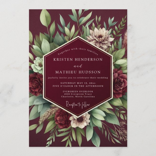 Convites Casamento Botânico Rubi Luxuoso (Frente)