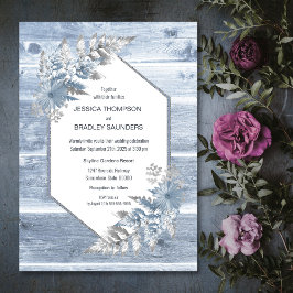 Convites Casamento Botânico Rustic Dusty Wood Blue