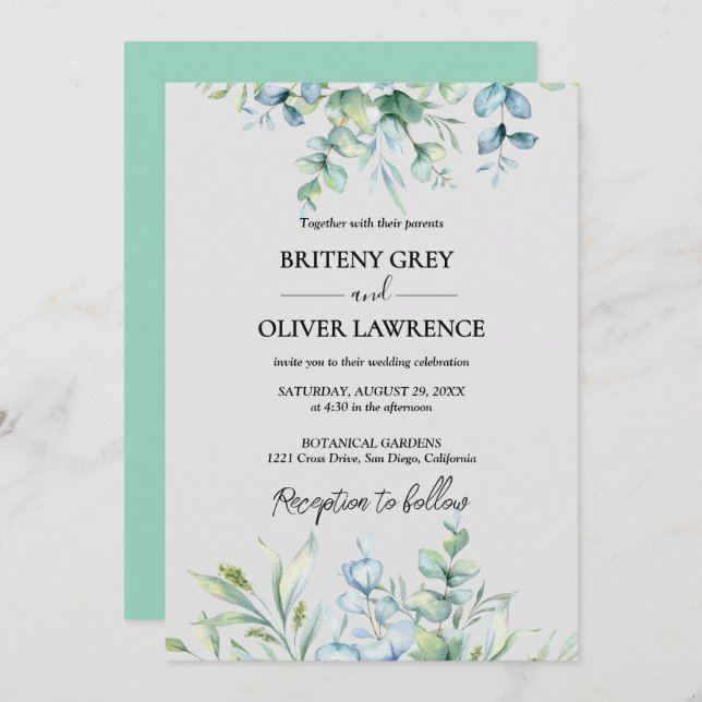 Convites Casamento Botânico Rustic Eucalyptus Greenery (Frente/Verso)