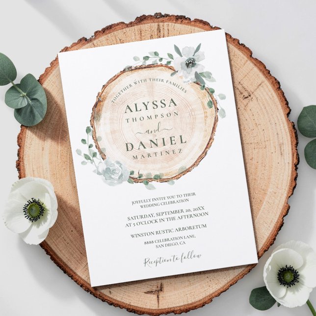 Convites Casamento botânico Rustic Foliage Watercolor (Rustic wedding woodland foliage,  wood cut slice with greenery botanical eucalyptus and flowers )