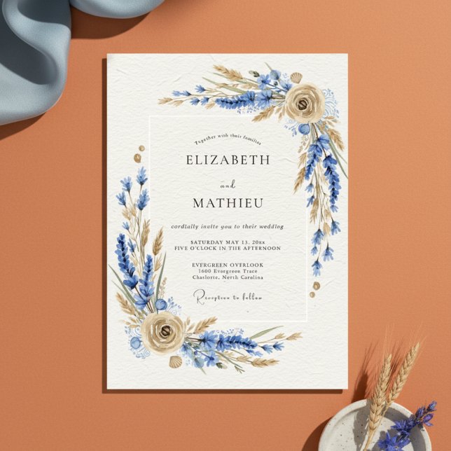 Convites Casamento Botânico Rústico Azul (Criador carregado)