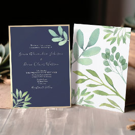 Convites Casamento Botânico Rústico Azul Marinho