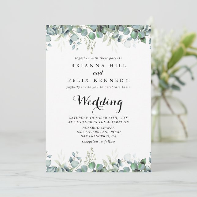 Convites Casamento Botânico Rústico com Eucalipto Verde (Em pé/Frente)
