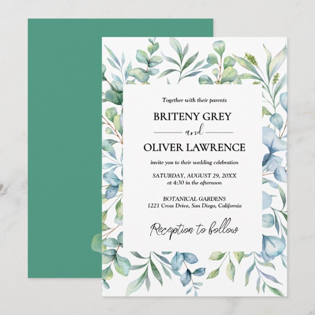 Convites Casamento Botânico Rústico de Eucalipto Verde (Frente/Verso)