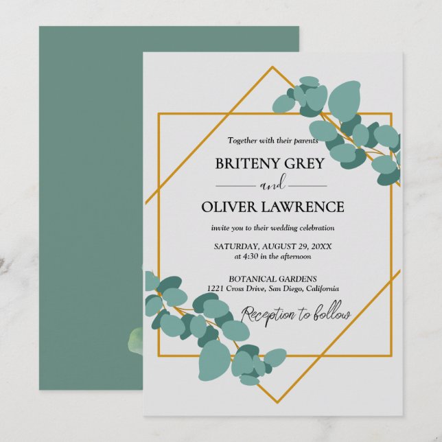 Convites Casamento Botânico Rústico de Eucalipto Verde (Frente/Verso)