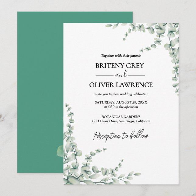 Convites Casamento Botânico Rústico de Eucalipto Verde (Frente/Verso)