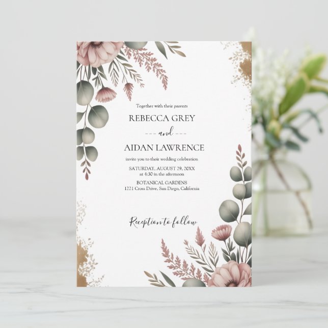 Convites Casamento Botânico Rústico de Eucalipto Verde  (Em pé/Frente)
