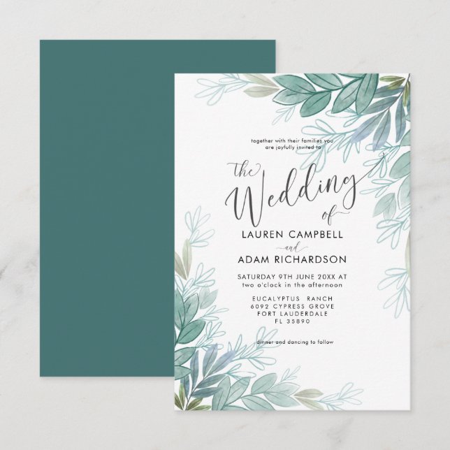 Convites Casamento Botânico Rústico em Verde Salvia e Azul  (Frente/Verso)
