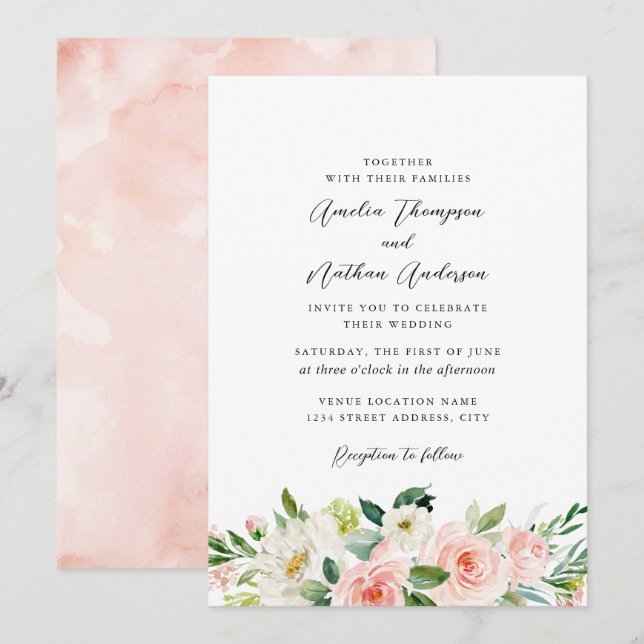 Convites Casamento Botânico Rústico Rosa Vergonha (Frente/Verso)