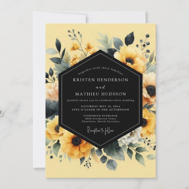 Convites Casamento Botânico Saffron Noir (Frente)