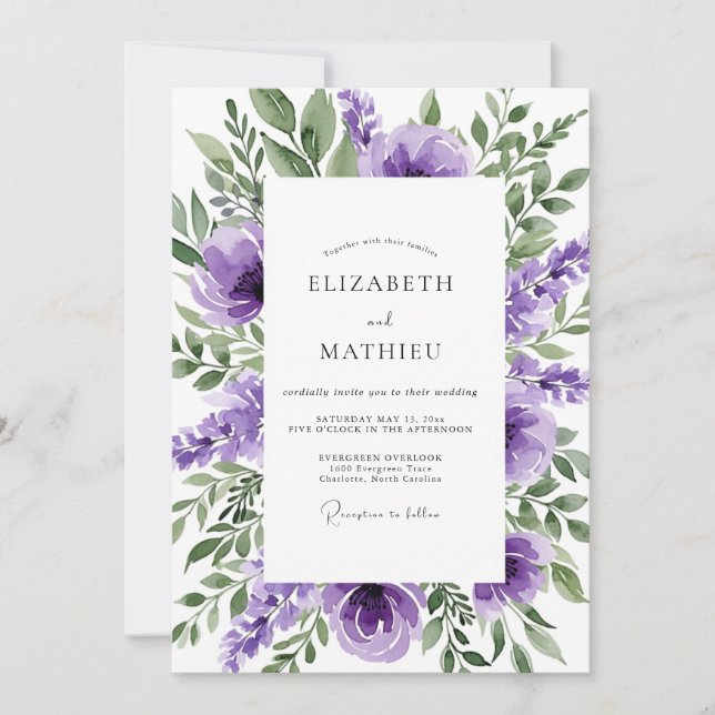 Convites Casamento Botânico Seráfico Roxo (Frente)