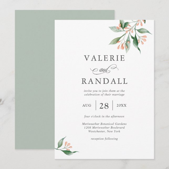 Convites Casamento Botânico Simples de Aquarela Elegante (Frente/Verso)