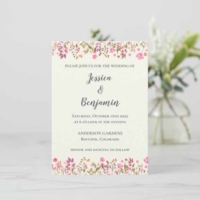 Convites Casamento Botânico Simples de Jardim Floral Rosa (Em pé/Frente)